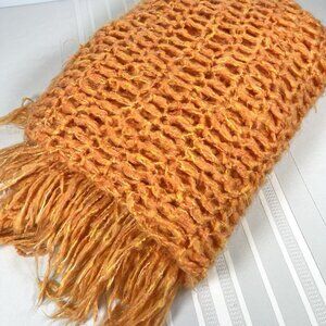 Vintage Handmade Orange Open-Weave Fringe Throw Retro Accent Blanket MCM Boho